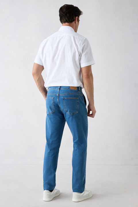 Dark Blue Tapered Fit Cotton Side Pocket Denim Trousers