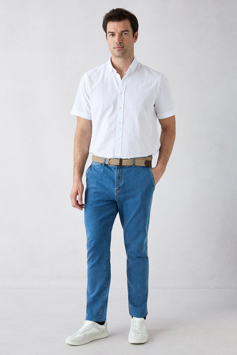 Dark Blue Tapered Fit Cotton Side Pocket Denim Trousers