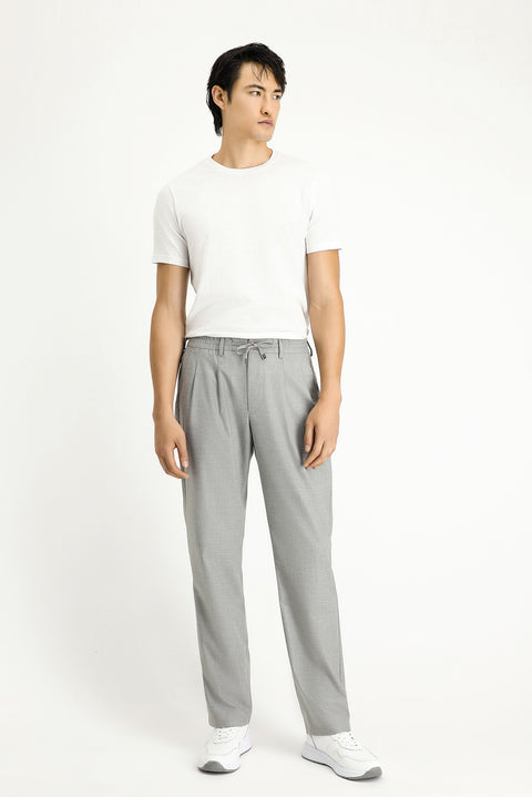 Light Gray Regular Fit Standard Cut Elastic Waist Drawstring Pleated Trousers