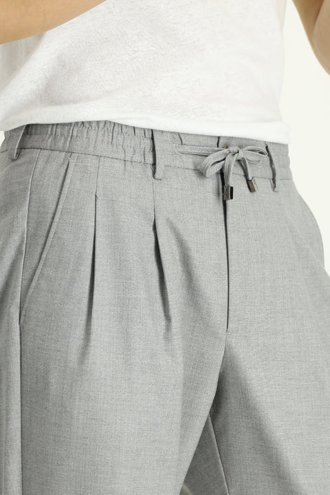 Light Gray Regular Fit Standard Cut Elastic Waist Drawstring Pleated Trousers