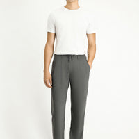 Light Grey Regular Fit Standard Cut Elastic Waist Drawstring Stretchy Pleated Trousers