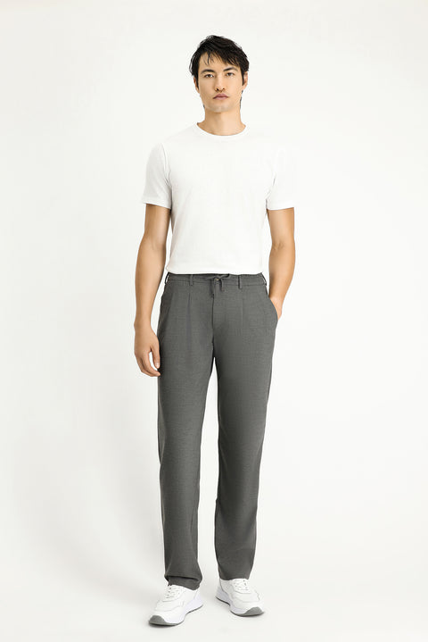 Light Grey Regular Fit Standard Cut Elastic Waist Drawstring Stretchy Pleated Trousers