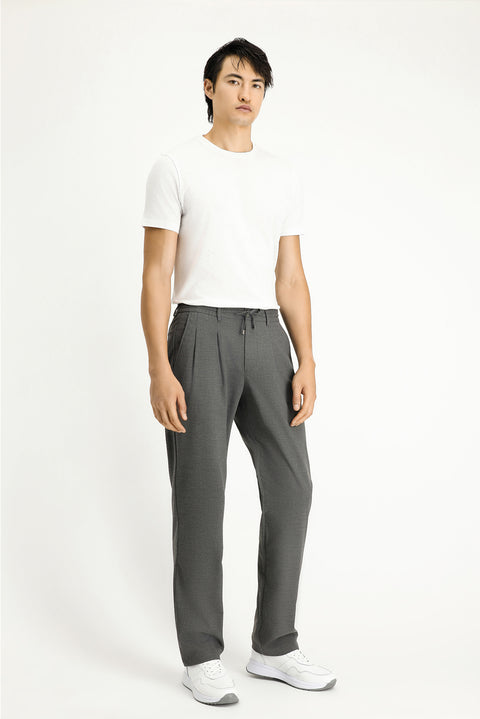 Light Grey Regular Fit Standard Cut Elastic Waist Drawstring Stretchy Pleated Trousers