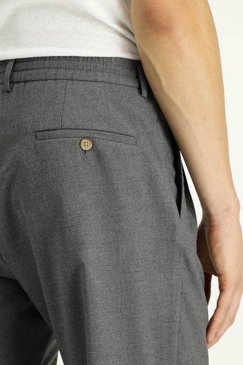 Light Grey Regular Fit Standard Cut Elastic Waist Drawstring Stretchy Pleated Trousers