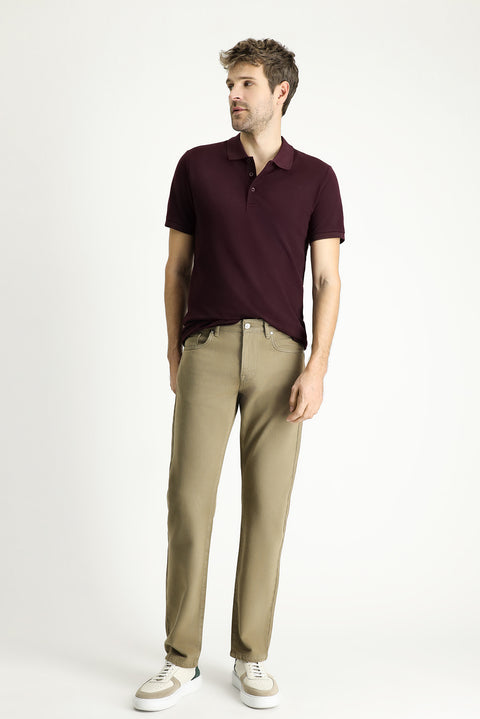 Medium Khaki Regular Fit Standard Cut Denim Cotton Trousers