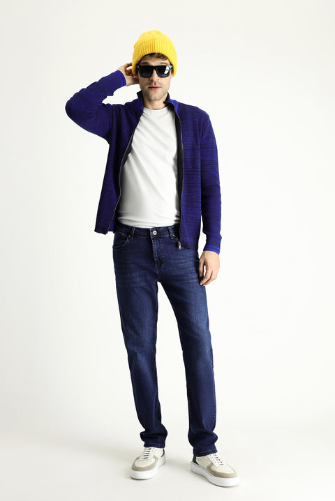 Dark Navy Regular Fit Standard Cut Lycra Denim Trousers