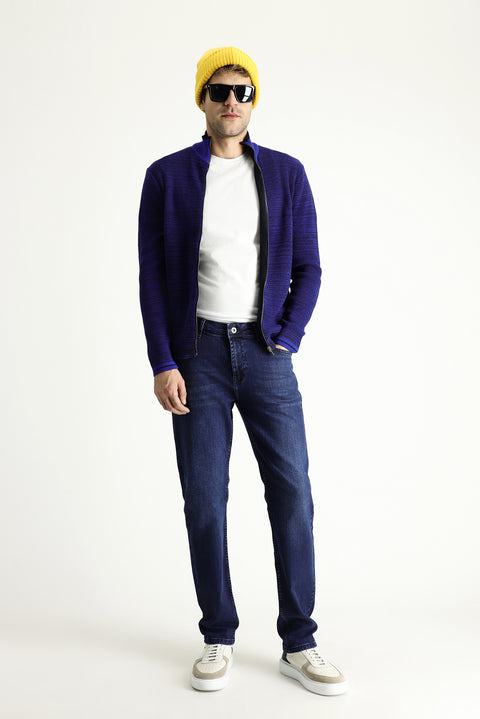 Dark Navy Regular Fit Standard Cut Lycra Denim Trousers