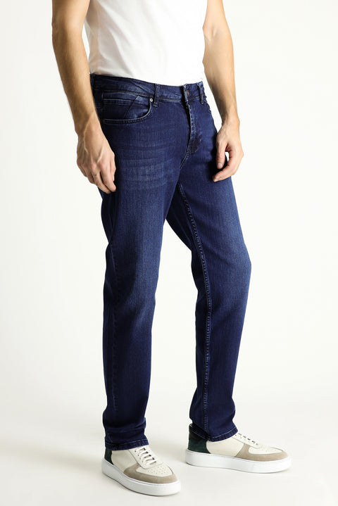 Dark Navy Regular Fit Standard Cut Lycra Denim Trousers