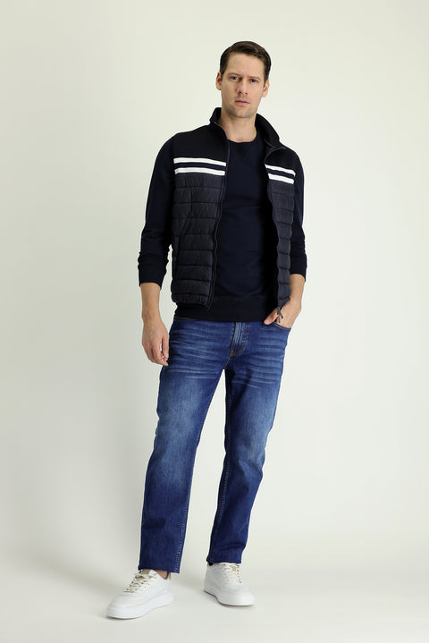 Mid-Dark Blue Regular Fit Standard Cut Lycra Denim Pants