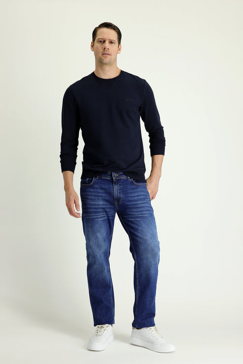 Mid-Dark Blue Regular Fit Standard Cut Lycra Denim Pants