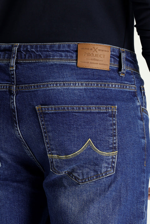 Mid-Dark Blue Regular Fit Standard Cut Lycra Denim Pants