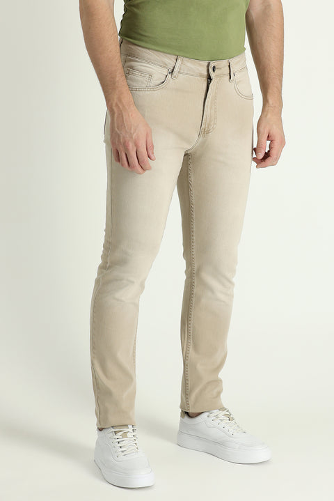 Medium Beige Super Slim Fit Extra Narrow Cut Lycra Denim Pants