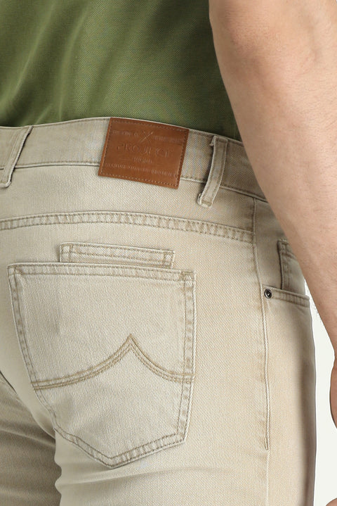 Medium Beige Super Slim Fit Extra Narrow Cut Lycra Denim Pants
