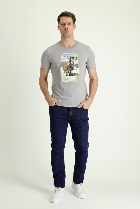 Mid-Dark Blue Regular Fit Standard Cut Lycra Denim Pants