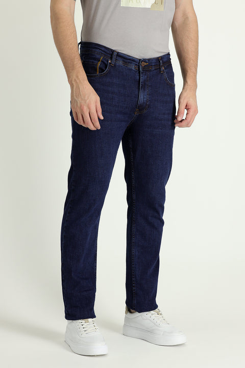Mid-Dark Blue Regular Fit Standard Cut Lycra Denim Pants