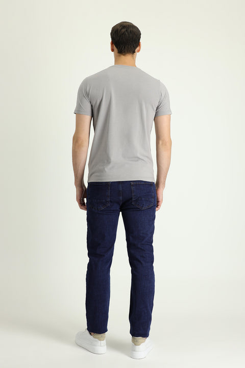 Mid-Dark Blue Regular Fit Standard Cut Lycra Denim Pants