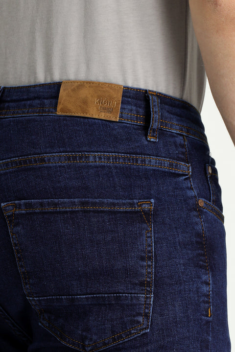 Mid-Dark Blue Regular Fit Standard Cut Lycra Denim Pants