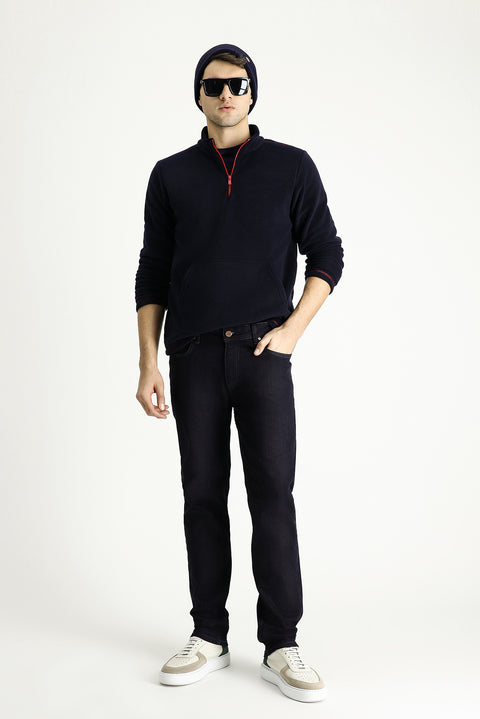 Dark Navy Regular Fit Standard Cut Lycra Denim Trousers