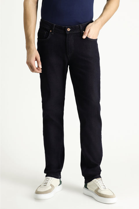 Dark Navy Regular Fit Standard Cut Lycra Denim Trousers