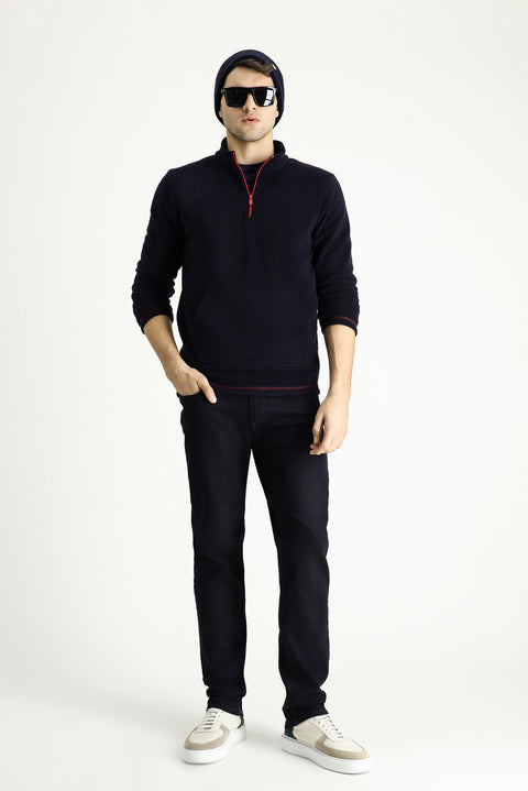 Dark Navy Regular Fit Standard Cut Lycra Denim Trousers