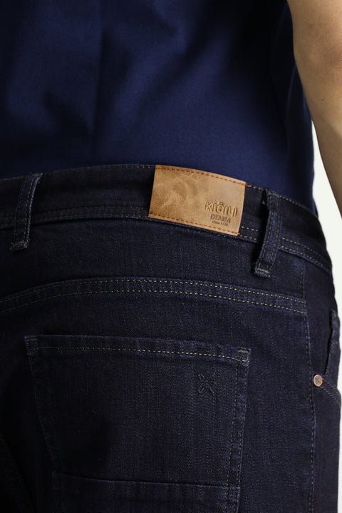 Dark Navy Regular Fit Standard Cut Lycra Denim Trousers