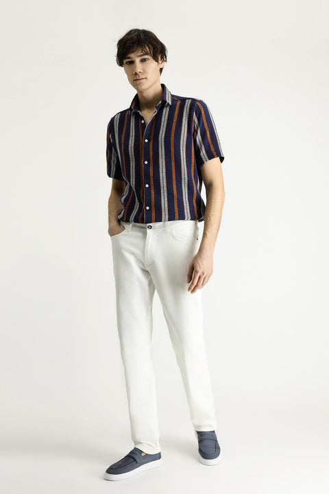 Ecru Regular Fit Standard Cut Lycra Denim Trousers