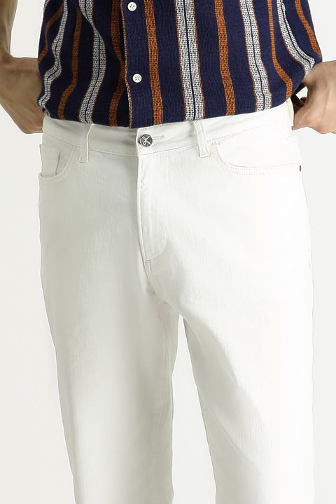 Ecru Regular Fit Standard Cut Lycra Denim Trousers