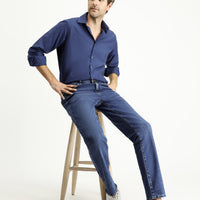 Mid-Dark Blue Regular Fit Standard Cut Lycra Denim Pants