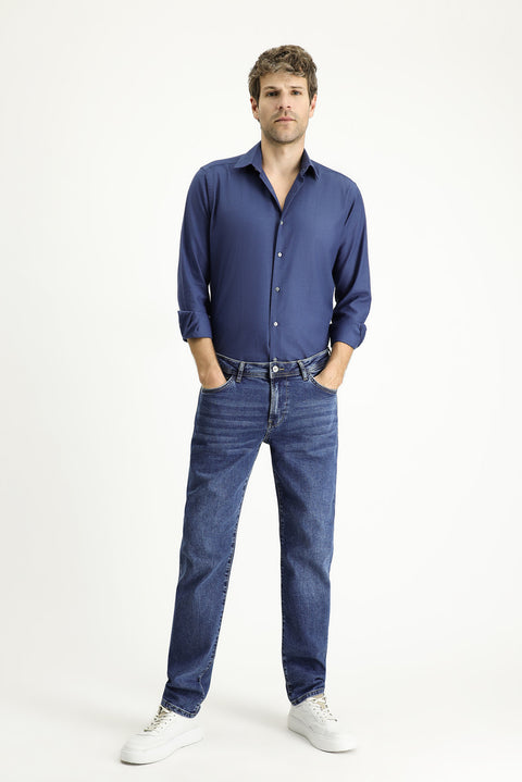 Mid-Dark Blue Regular Fit Standard Cut Lycra Denim Pants
