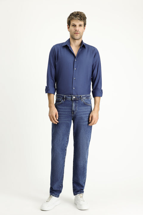 Mid-Dark Blue Regular Fit Standard Cut Lycra Denim Pants