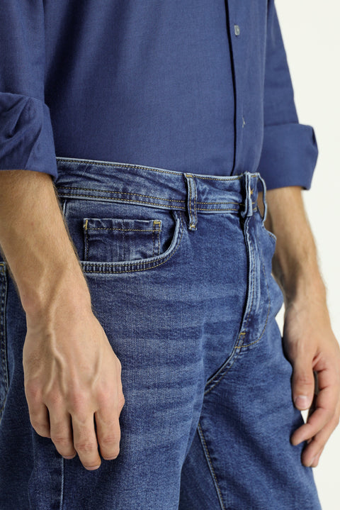 Mid-Dark Blue Regular Fit Standard Cut Lycra Denim Pants