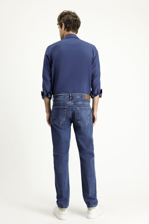 Mid-Dark Blue Regular Fit Standard Cut Lycra Denim Pants