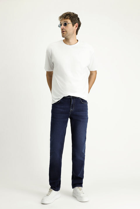 Mid-Dark Blue Regular Fit Standard Cut Lycra Denim Pants