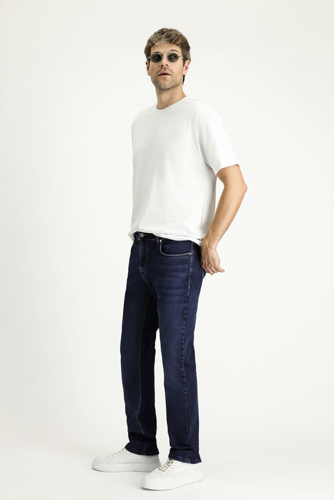 Mid-Dark Blue Regular Fit Standard Cut Lycra Denim Pants