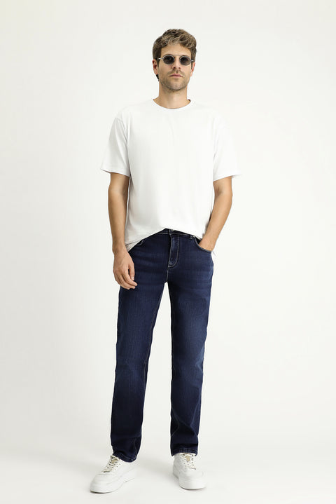 Mid-Dark Blue Regular Fit Standard Cut Lycra Denim Pants
