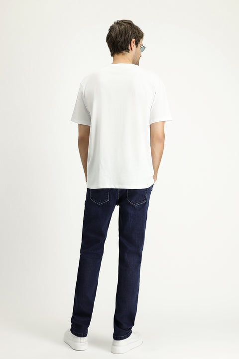Mid-Dark Blue Regular Fit Standard Cut Lycra Denim Pants