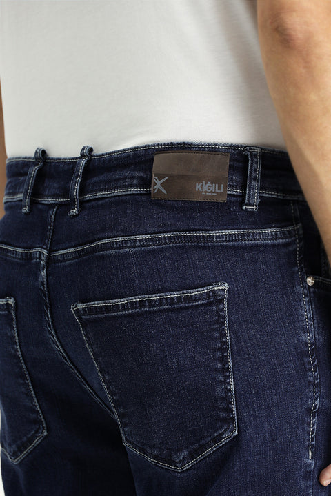 Mid-Dark Blue Regular Fit Standard Cut Lycra Denim Pants