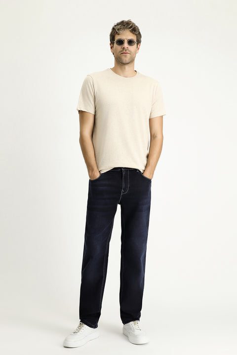 Dark Navy Regular Fit Standard Cut Lycra Denim Trousers