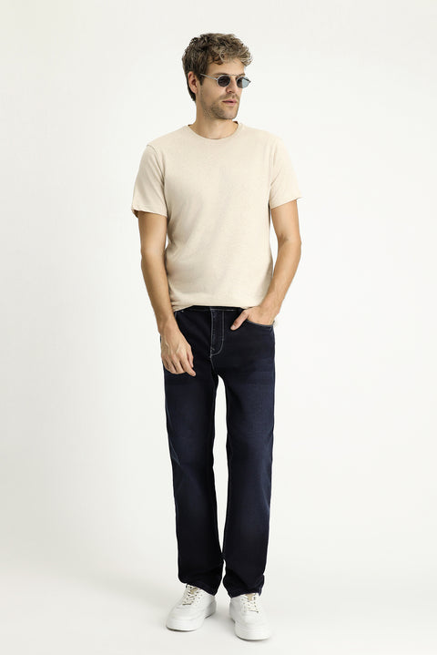 Dark Navy Regular Fit Standard Cut Lycra Denim Trousers