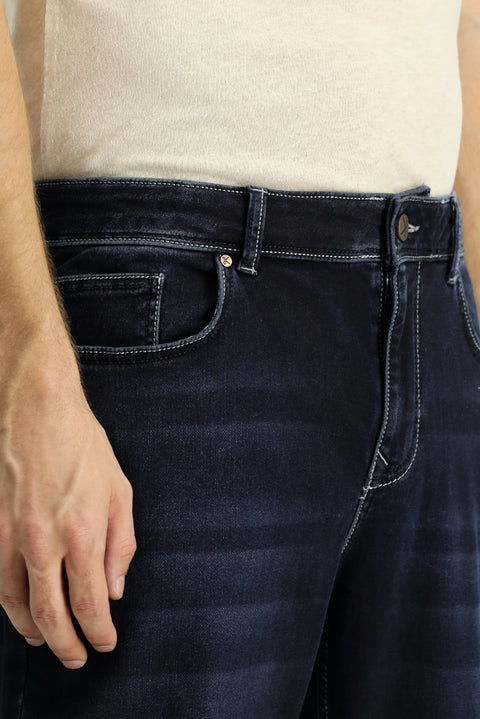 Dark Navy Regular Fit Standard Cut Lycra Denim Trousers