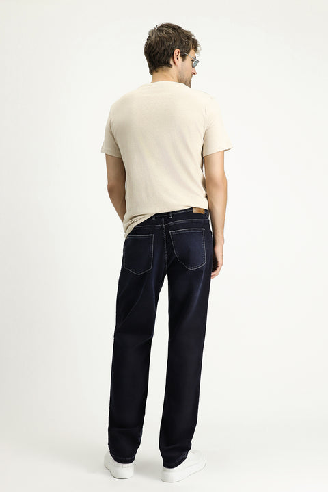 Dark Navy Regular Fit Standard Cut Lycra Denim Trousers