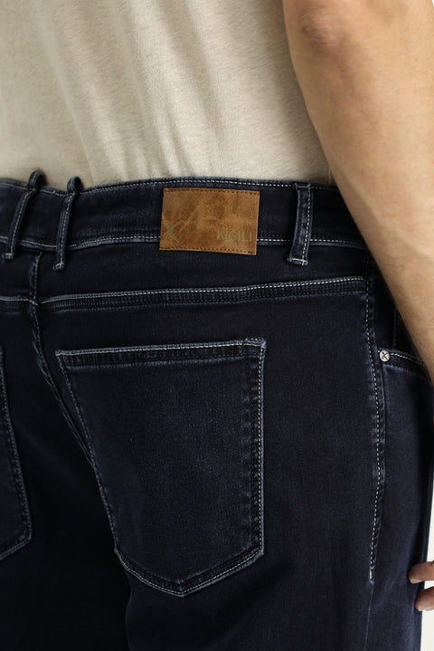Dark Navy Regular Fit Standard Cut Lycra Denim Trousers