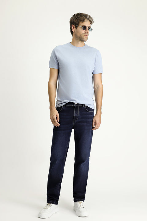 Dark Navy Regular Fit Standard Cut Lycra Denim Trousers