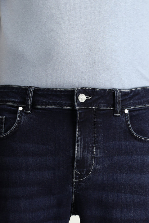 Dark Navy Regular Fit Standard Cut Lycra Denim Trousers