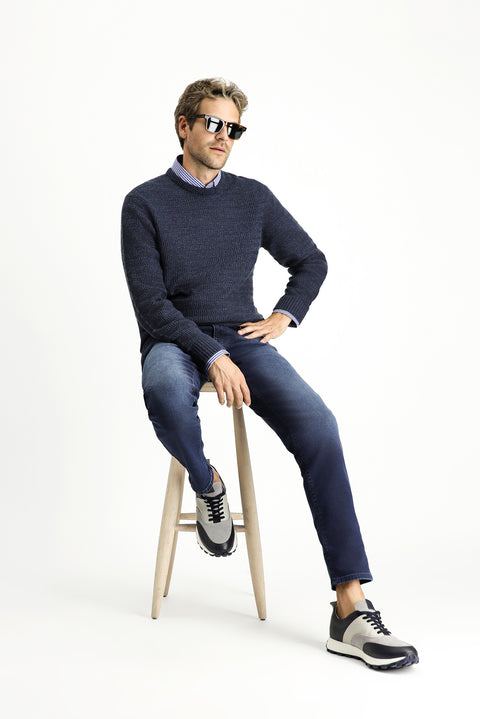 Dark Navy Regular Fit Standard Cut Lycra Denim Trousers
