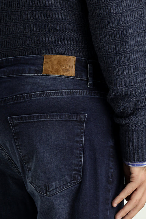 Dark Navy Regular Fit Standard Cut Lycra Denim Trousers