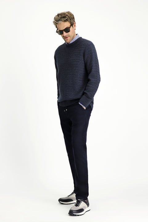 Dark Navy Regular Fit Standard Cut Elasticated Waist Drawstring Lycra Denim Trousers