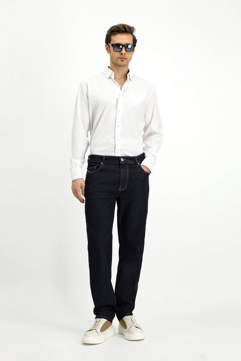 Dark Navy Regular Fit Standard Cut Lycra Denim Trousers