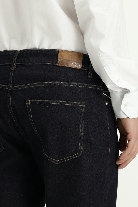 Dark Navy Regular Fit Standard Cut Lycra Denim Trousers