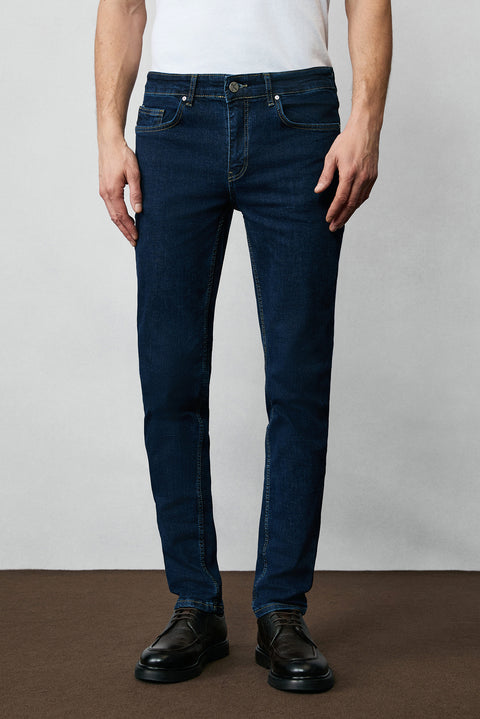 Dark Indigo Slim Fit Narrow Cut Cotton Lycra Flexible 4 Season Denim Jeans